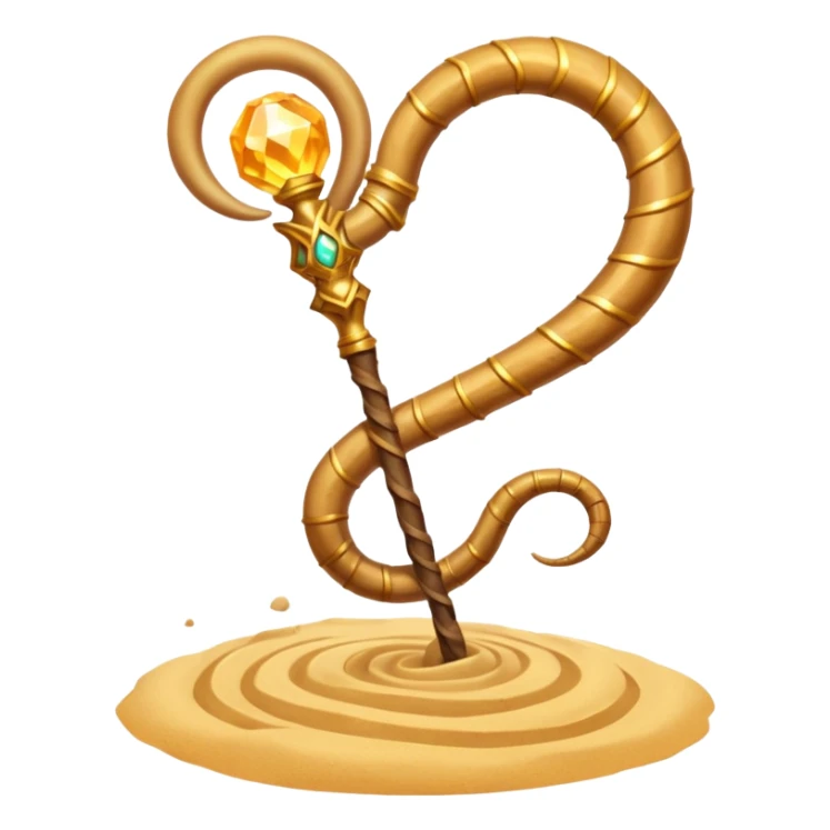 desert sand mage staff object icon, ancient staff with serpent coils around it, glowing golden sand gem on top, swirling sand aura, fantasy desert weapon, 3D cartoon, mobile game icon style, centered, clean background, no text, no watermark
 sticker