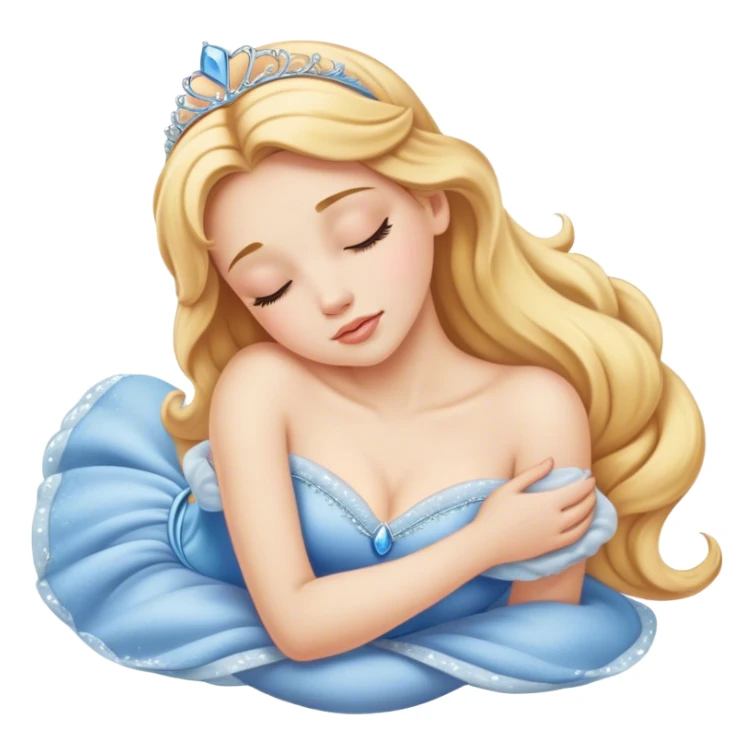 Cinematic Realistic Sleeping Cinderella Portrait, portrayed with exceptional realism: her luminous porcelain skin and exquisitely detailed golden-blonde hair lie softly under the gentle caress of natural light. Her eyes are peacefully closed in a serene, dreamlike slumber, and every fold and shimmer of her iconic ball gown is rendered with painstaking detail. The overall composition radiates a quiet, enchanting glow that encapsulates the timeless, restful beauty of a princess lost in a gentle, magical dream. sticker
