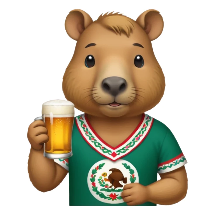 Capibara drink modelo beer with a Méxican shirt sticker