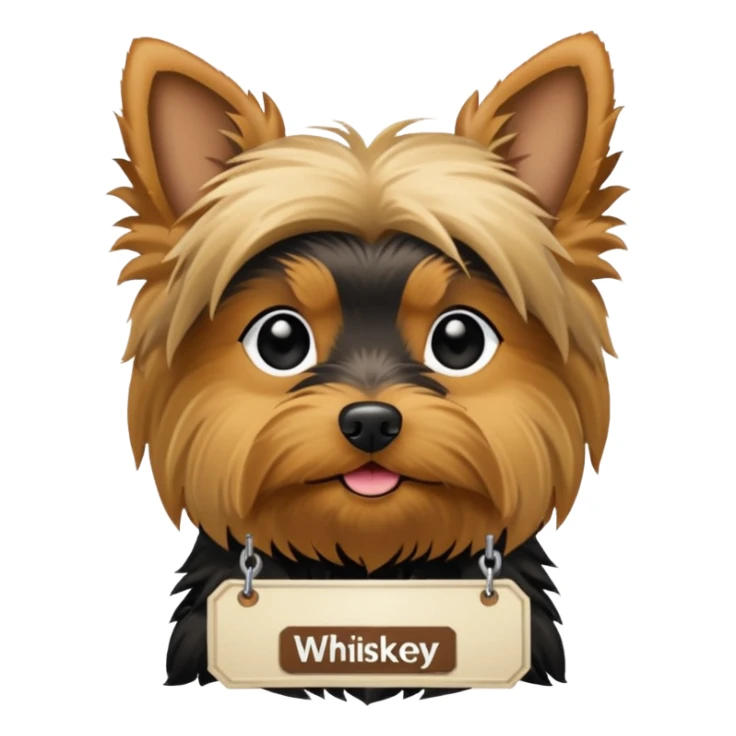 A Yorkie dog with a name tag that says "whiskey" sticker