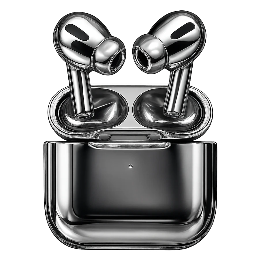 Transform the AirPods and case into a highly reflective and shiny 3D chrome metallic style, keeping all original details and colors intact, with no background. sticker