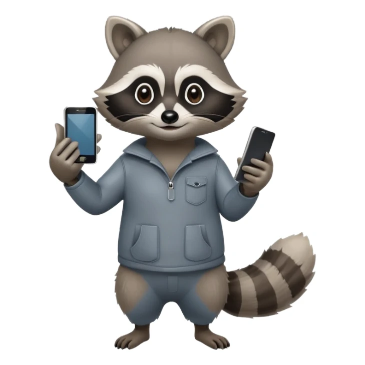 racoon holding a phone and pointing a finger to it full body friendly calm sticker