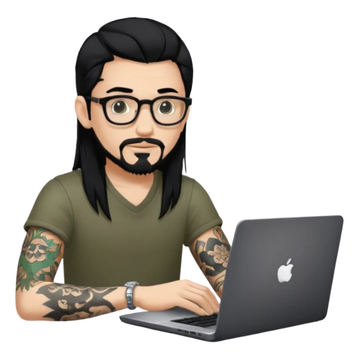 a young man with long black hair, with goatee, wearing glasses sitting with a laptop, tattoo inyout arms sticker
