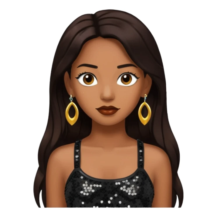 Chilli from TLC with long dark brown hair, black sequin crop top, black earring sticker