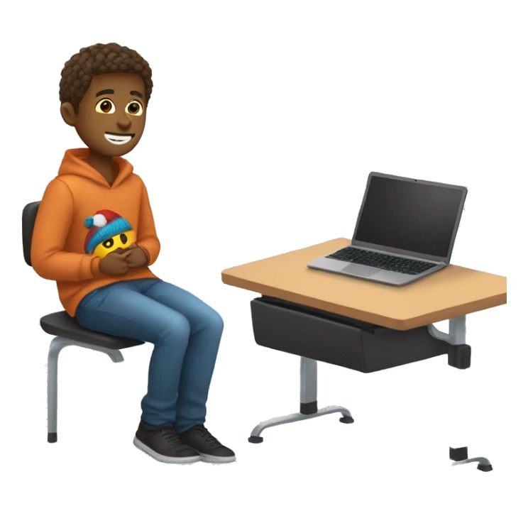 male student sitting at a school desk, a Chromebook with a throw blanket wrapped around shoulders sticker