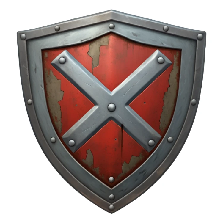 a battle worn steel shield with engraved text "XXX", the text should be prominent and in the center of the shield sticker