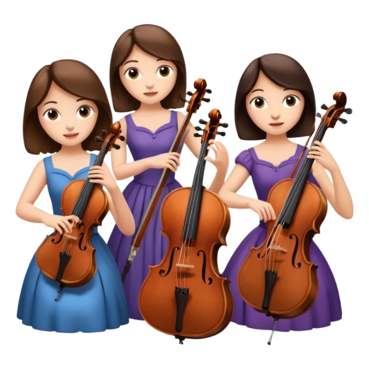 Create an imagine of three brunette women playing string instruments, the first is playing a cello, the second is playing a viola and the third is playing the violin sticker