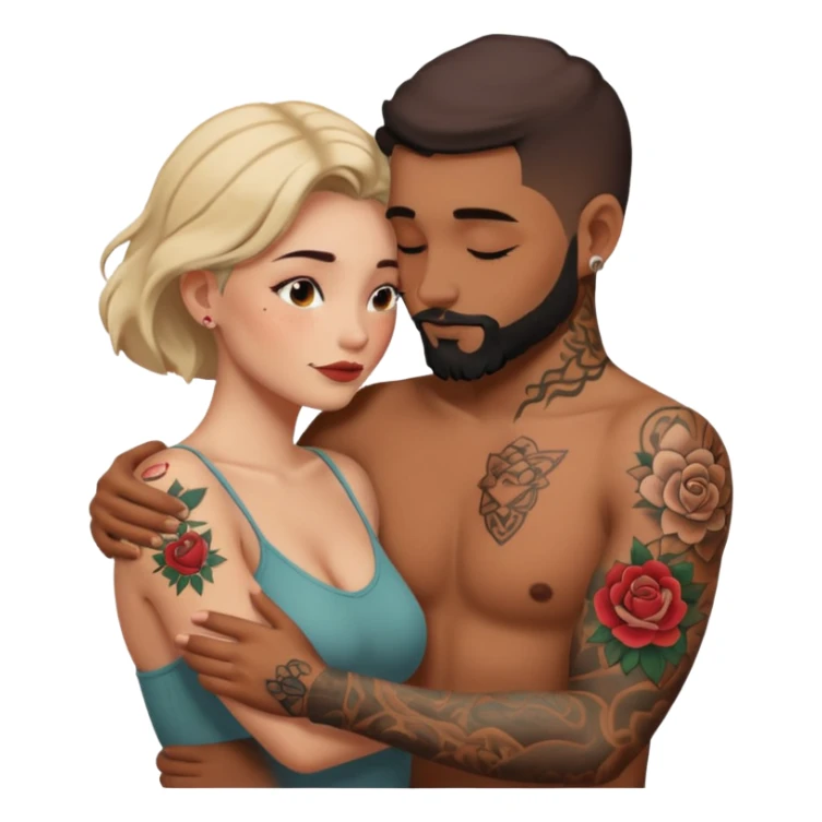 Loving intimate moment between lovers, photo Realistic Couple with tattoos  sticker
