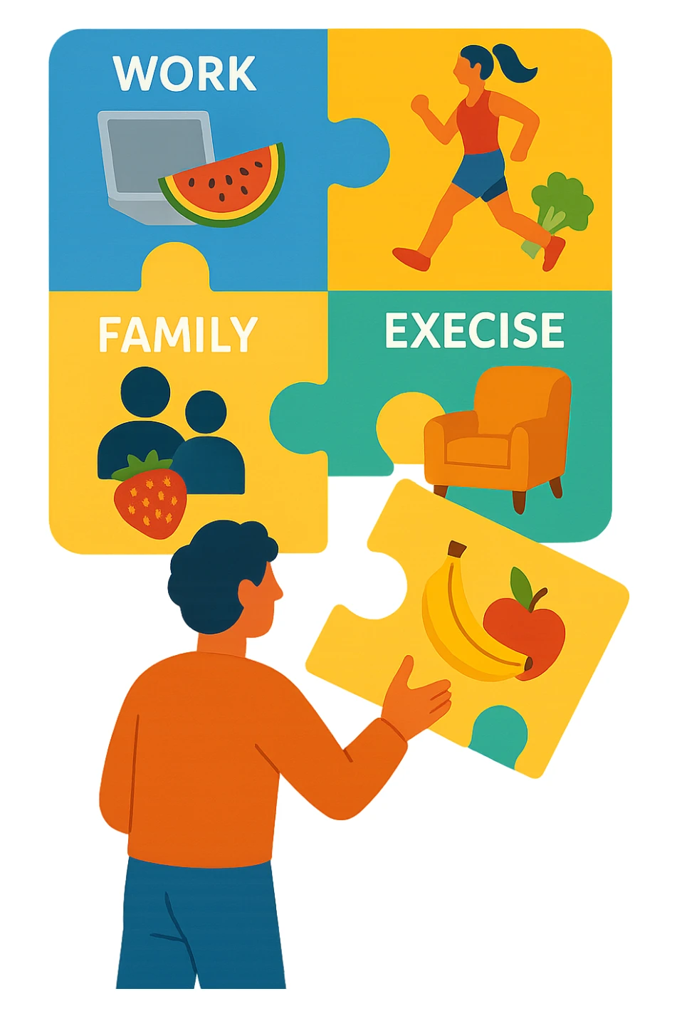 a person is surrounded by puzzle pieces, each representing a different aspect of their life (work, exercise, family, leisure), and healthy foods are integrated into each piece. The person assembles the puzzle, creating a complete, personalized nutrition plan. The mood is uplifting and creative. sticker