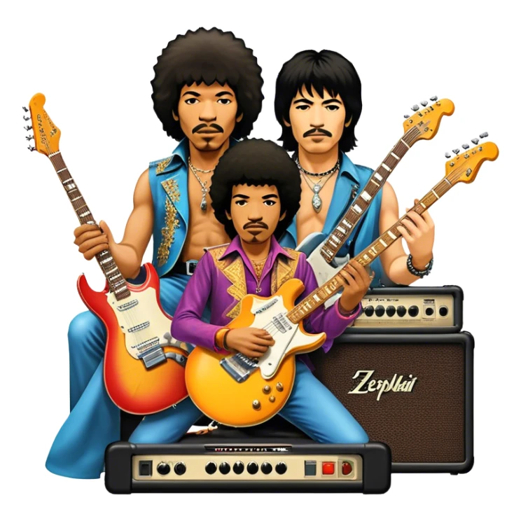 Rock music icon: powerful stage with electric guitars, drums, and amplifiers. Collage of rock icons—Jimi Hendrix, Led Zeppelin, Nirvana, and The Rolling Stones—symbolizing the energy and rebellion of rock. Transparent background. sticker