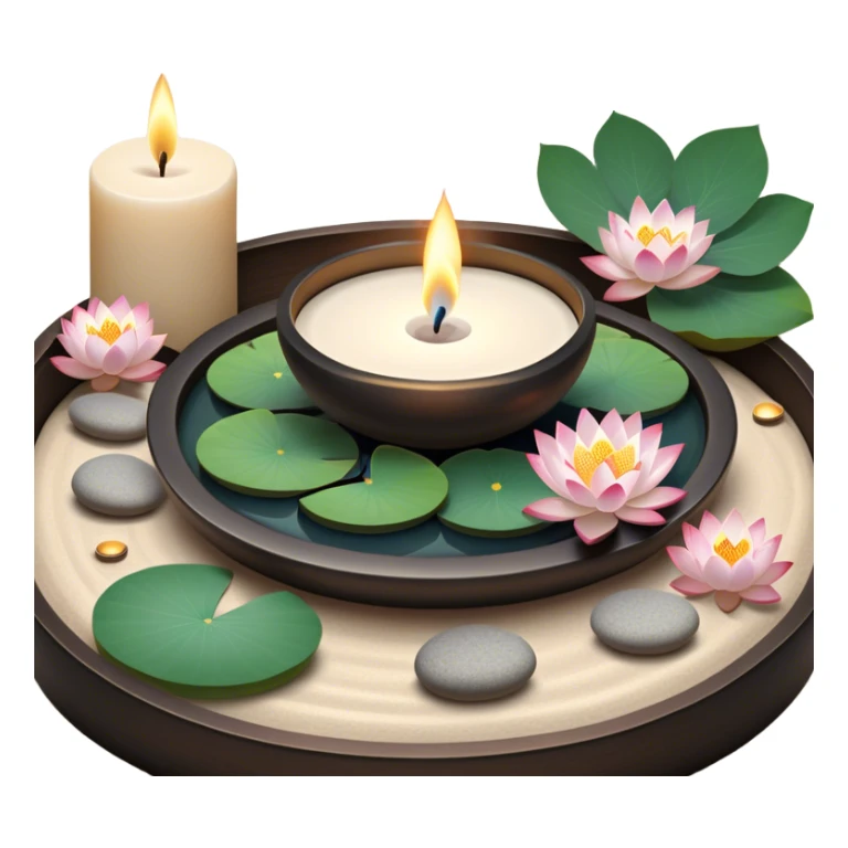 A photorealistic icon featuring lotus flowers, burning candles, incense sticks, smooth meditation stones, and a tranquil setting with soft, calming natural elements. Subtle, peaceful colors and detailed textures that evoke a sense of mindfulness and inner peace. Transparent background sticker