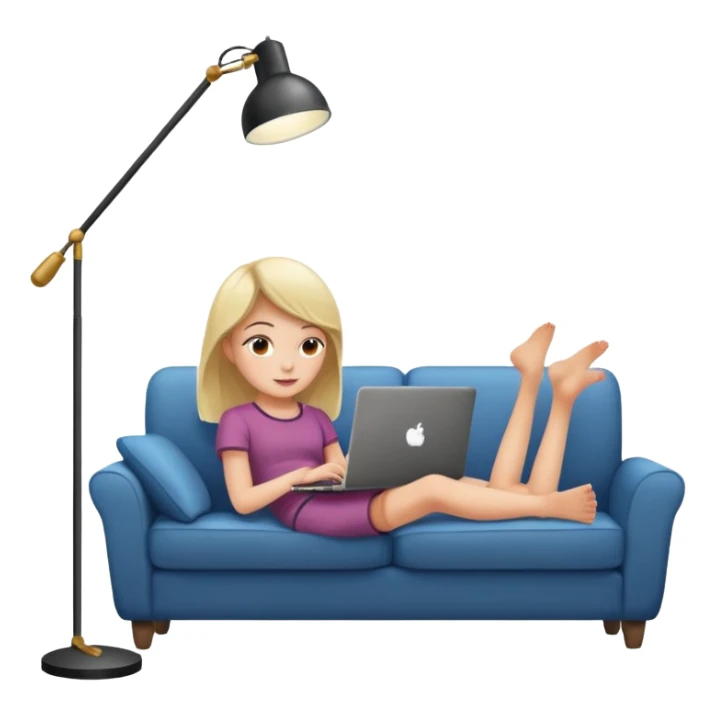 A girl is working with a laptop while lying on a sofa, with a floor lamp to the right. sticker