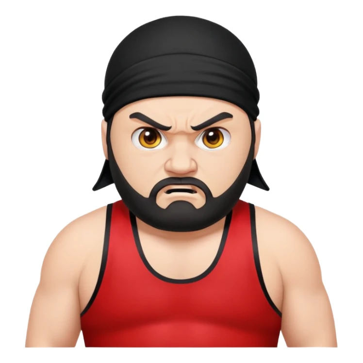 White skin fat guy with black durag, black beard, black eyes in a red and black wrestling singlet with angry face sticker