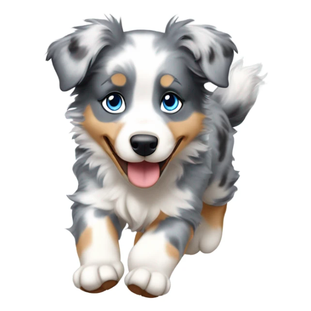 Blue merle australian shepherd puppy with mostly light grey fur with blue eyes running sticker