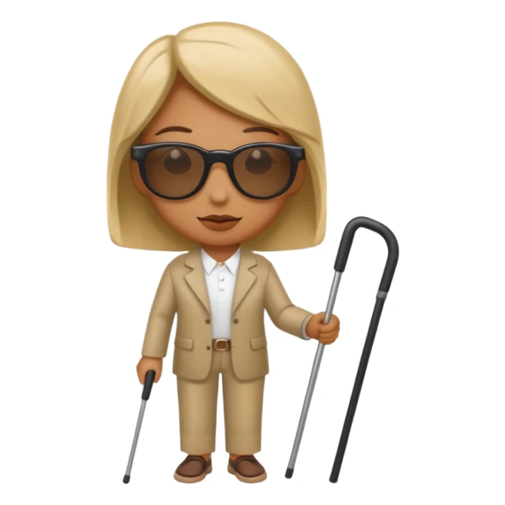 A blind person wearing sunglasses and holding a guide cane sticker