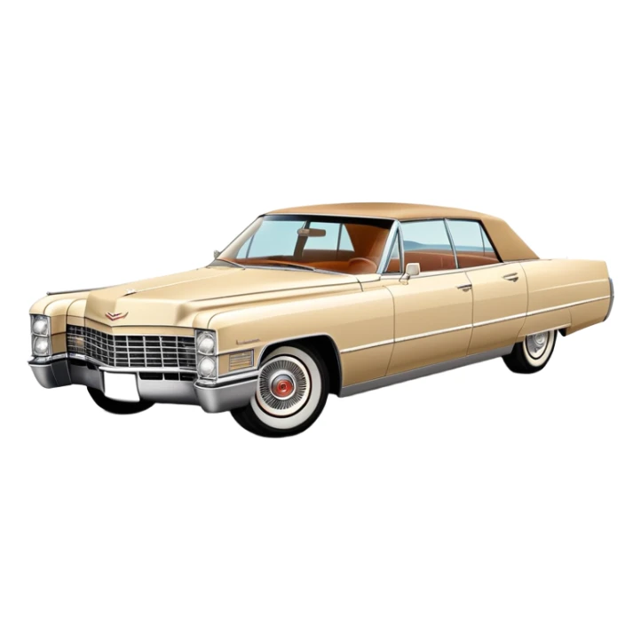 Classic beige 1966 Cadillac DeVille at perfect 30-degree angle, showing detailed front end and sleek side profile, elegant vintage luxury car from Once Upon a Hollywood, iOS emoji style sticker