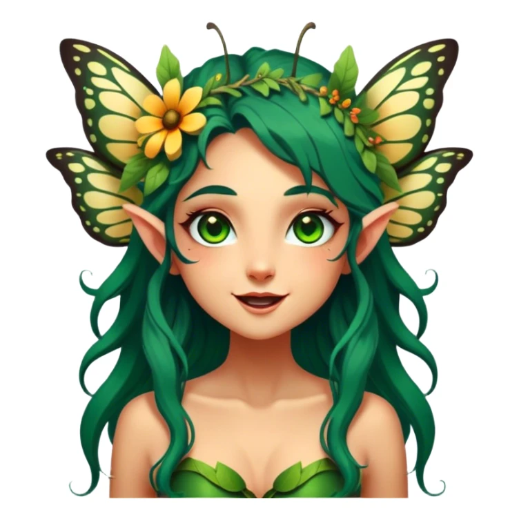 Cinematic Realistic Forest Fairy Portrait, head tilted dramatically with an exaggeratedly amused expression, featuring a striking, nature-infused form with glowing, sun-kissed tanned skin and vividly detailed dark green hair adorned with floral accents. Her expressive eyes brim with playful forest mischief, rendered with vibrant, lifelike textures and dynamic dappled lighting that conveys a spirited, over‐the‐top woodland whimsy showing her large butterfly wings from her back. sticker