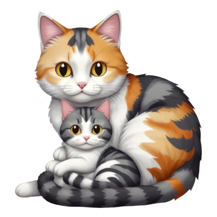 full body colourful light patched calico + white tabby cat cuddling a bigger cat that is dark grey and white tabby cat  sticker