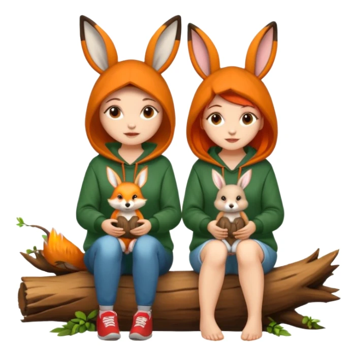two forest women with cute fox and rabbit hoodies sitting together on log sticker