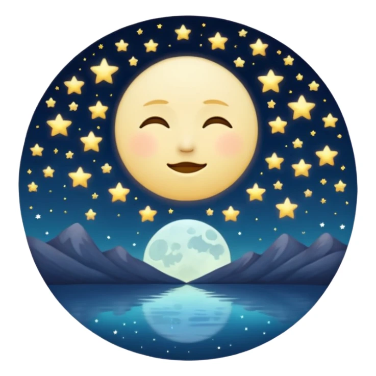 "Design a calming circle emoji for evening reflection. Soft moonlight, gentle stars, peaceful or spiritual symbols. No people - emphasize tranquil colors, night sky elements, and serene spiritual imagery." sticker