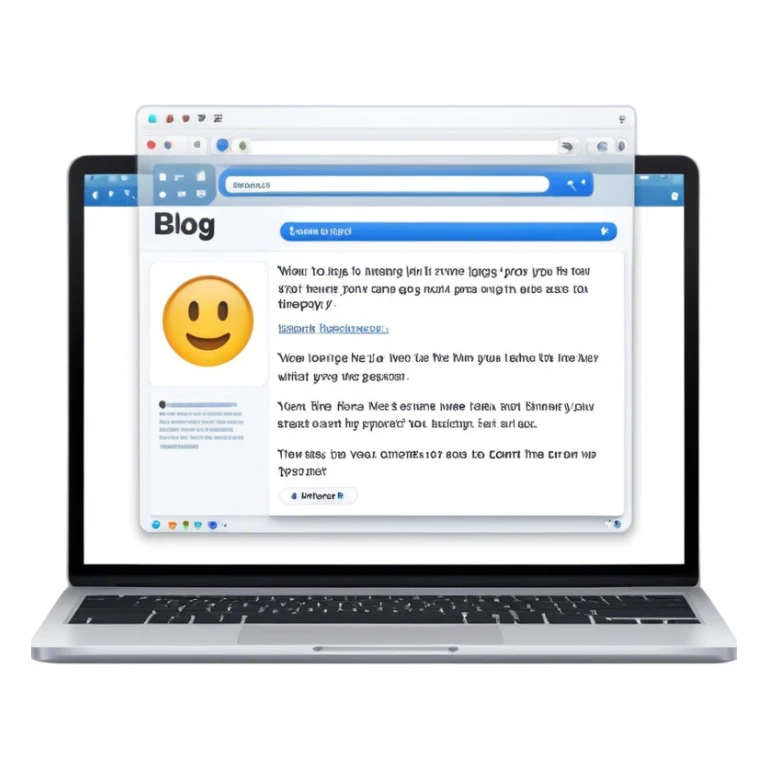Create an emoji representing blogging as a form of content creation. The design should feature a laptop or desktop computer with an open blog page on the screen, showing visible text and perhaps a photo or graphic. Make the background transparent. sticker
