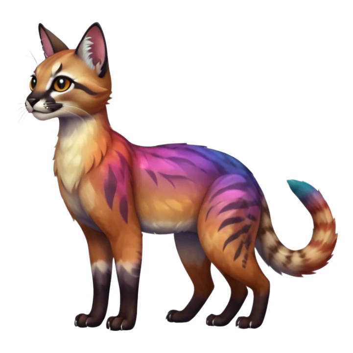 Realistic Colorful pale nebula gradients-colored randomly-colored fruity glorious exotic neon vibrant zigzagged fantasy-caracal-civet-genet-sergal-vernid-Gryphon-Cacomistle-Trico-oncilla-animal-Fakémon-hybrid-fursona (full body), facial markings, (realism style) sticker