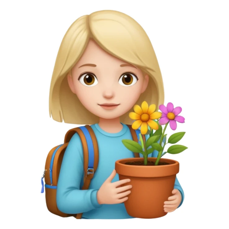 young girl wearing packpack, holding a flower pot sticker