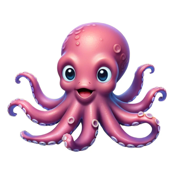 Cinematic Cute Octopus Portrait Emoji, Head tilted playfully and inquisitively, featuring a charming, rounded body with soft, shimmering skin and eight expressive, gently curling arms with playful suckers, with round, sparkling eyes full of wonder, Simplified yet irresistibly adorable features, highly detailed, glowing with a warm, inviting underwater glow, high shine, affectionate and lively, stylized with a touch of whimsical marine charm, soft glowing outline, capturing the essence of a mischievous yet loving octopus that seems as if it could float out of the screen into your arms! sticker