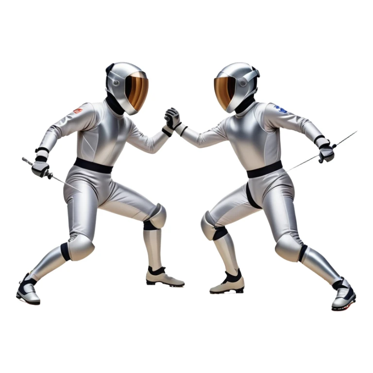 Two fencers in full protective gear duel on a professional piste, their foils clashing in mid-air. The background features a dynamic blur, symbolizing speed and precision. The scene is illuminated by bright arena lights, emphasizing the intensity of the match. Transparent background. sticker