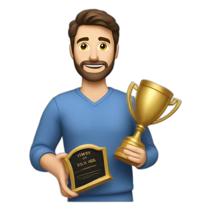 Caucasian brunette Dad holding father of the year trophy sticker