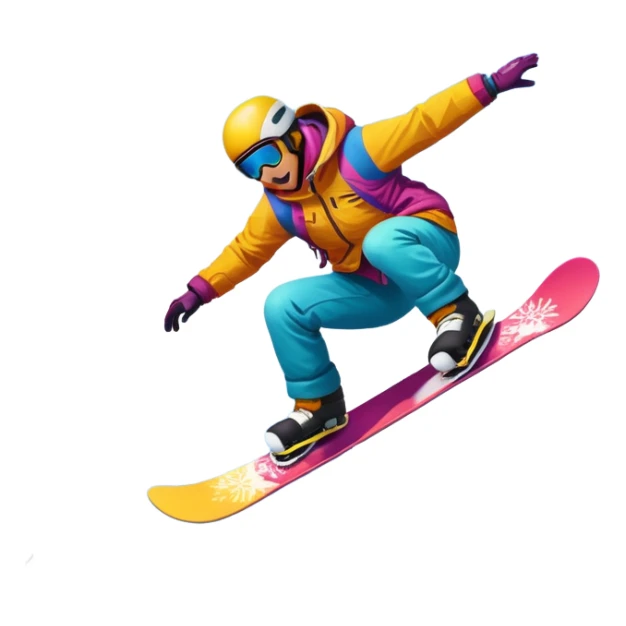 An icon showing a snowboarder performing an exciting jump on a snow-covered slope. The background features towering mountains, snow-covered trees, and a bright, clear sky. Transparent background highlights the speed, agility, and thrill of snowboarding. sticker