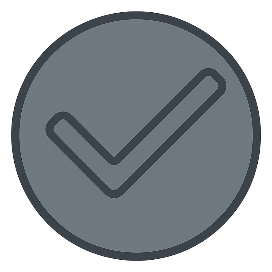 Create a modern icon style of a dark grey circle with a darker grey tick. Keep the background transparent. sticker