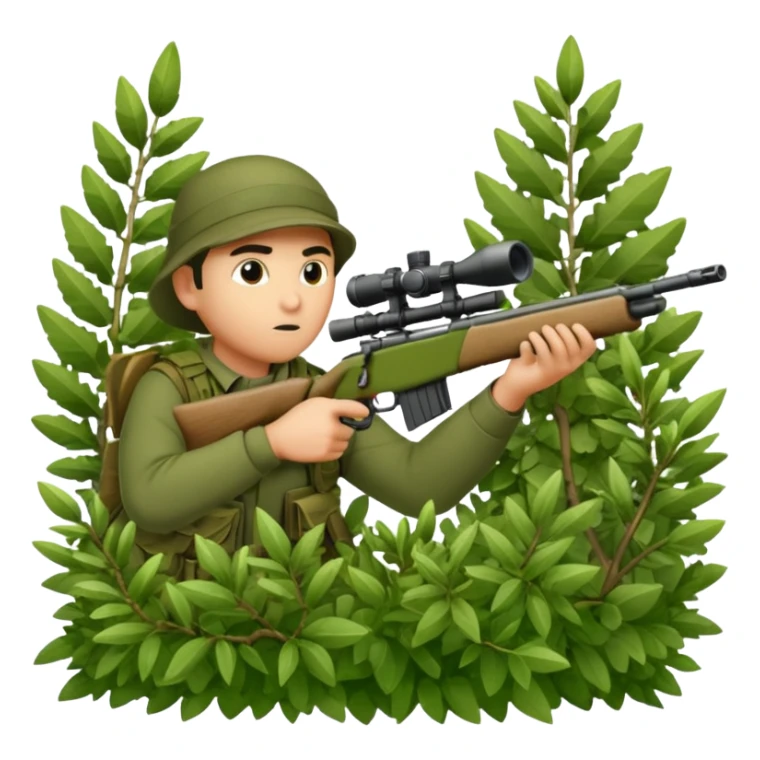 person sninping aiming with a long sniper in a big bush sticker