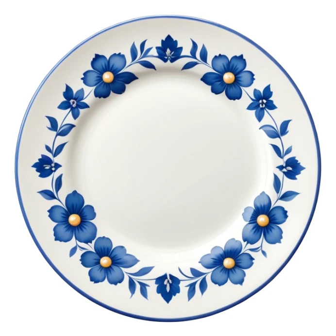 white vintage porcelain plate with blue floral decor sticker