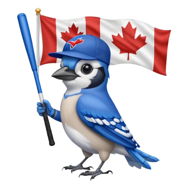 bluejay standing swinging bat with  toronto blue jays baseball hat and holding canadian flag
 sticker