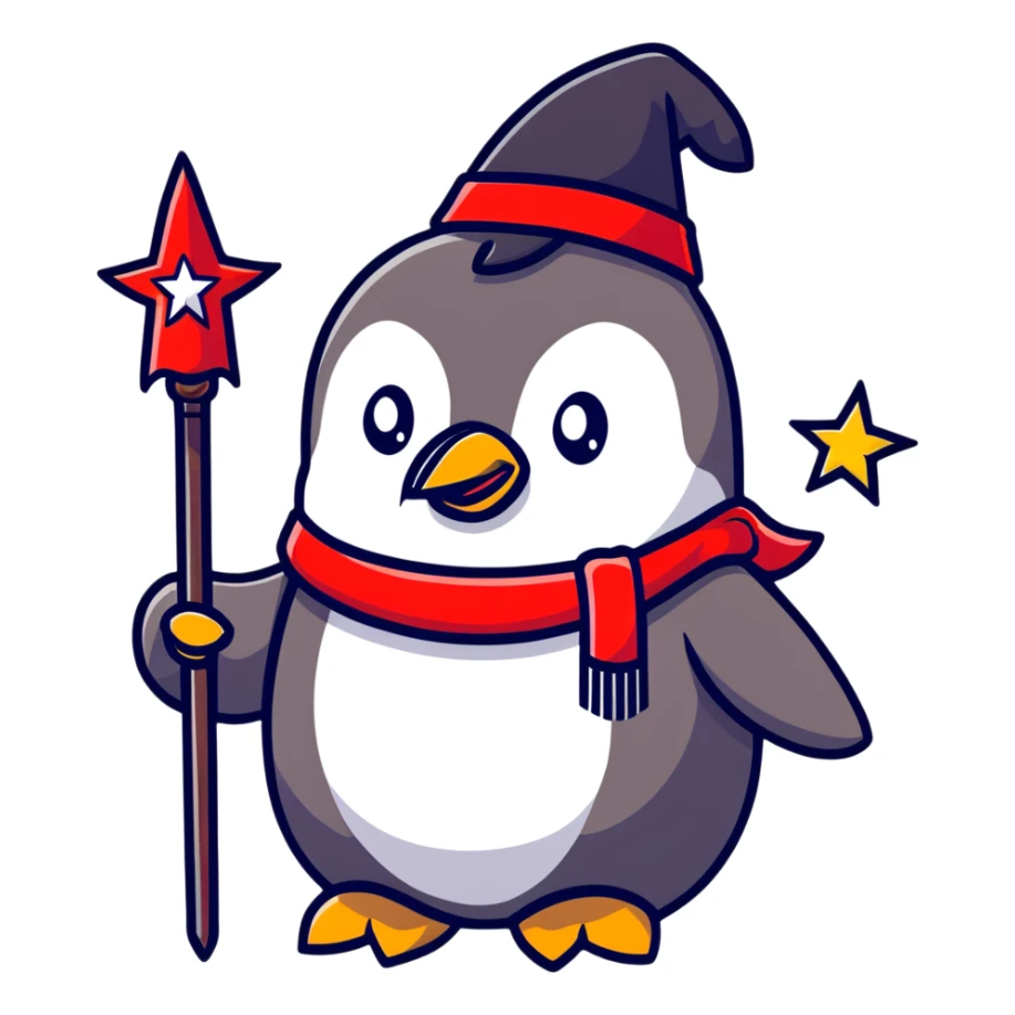 Penguin wizard with Russian beard, star-covered hat, and red magical staff sticker