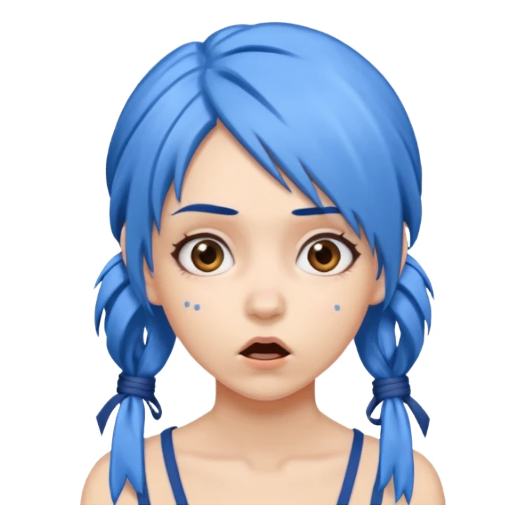 A woman with blue hair, tied up, with a surprised expression.g thoughtful. sticker