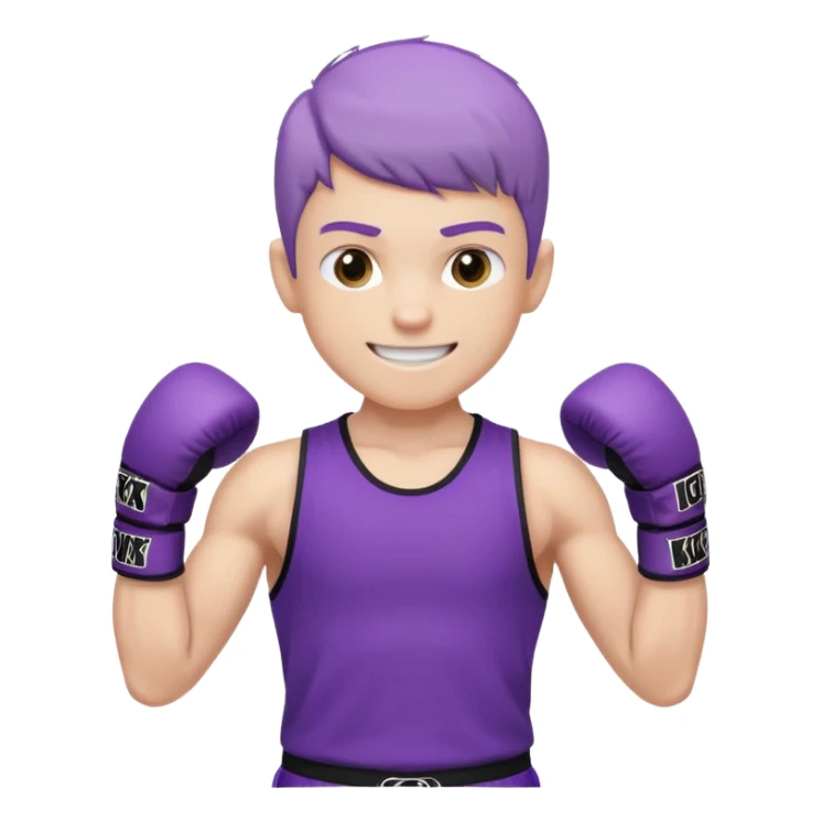 now make a boy whose white smiling in purple kickboxing full shirt with Fighting HARD on the shirt sticker