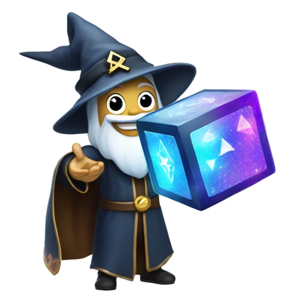 A playful wizard holding a glowing blockchain cube, with sparkles and a mischievous grin, symbolizing the magic of crypto sticker