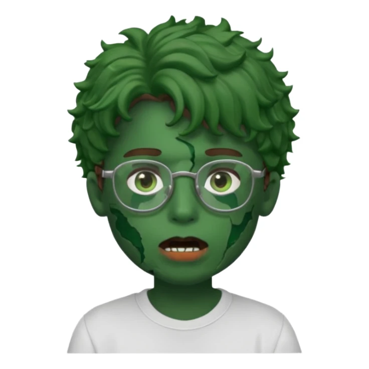 crie a imagem de um garoto com estilo memoji de iOS de pele esverdeada com machucados abertos na boca , cabelos cacheados castanhos e oculos. sticker