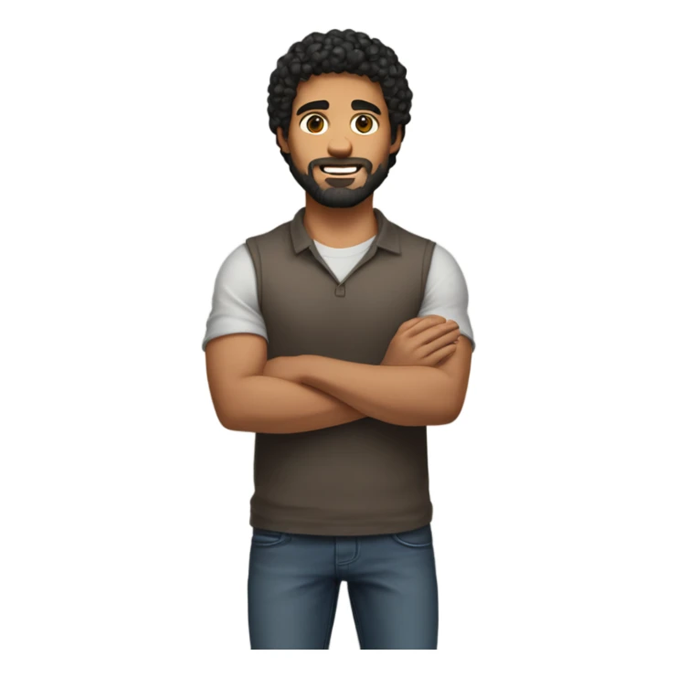 men holding his computer in hands. light brown skin men with curly black hair, dark brown eyes, little grown beard. little bit muscular. dressed casual. round face. sticker