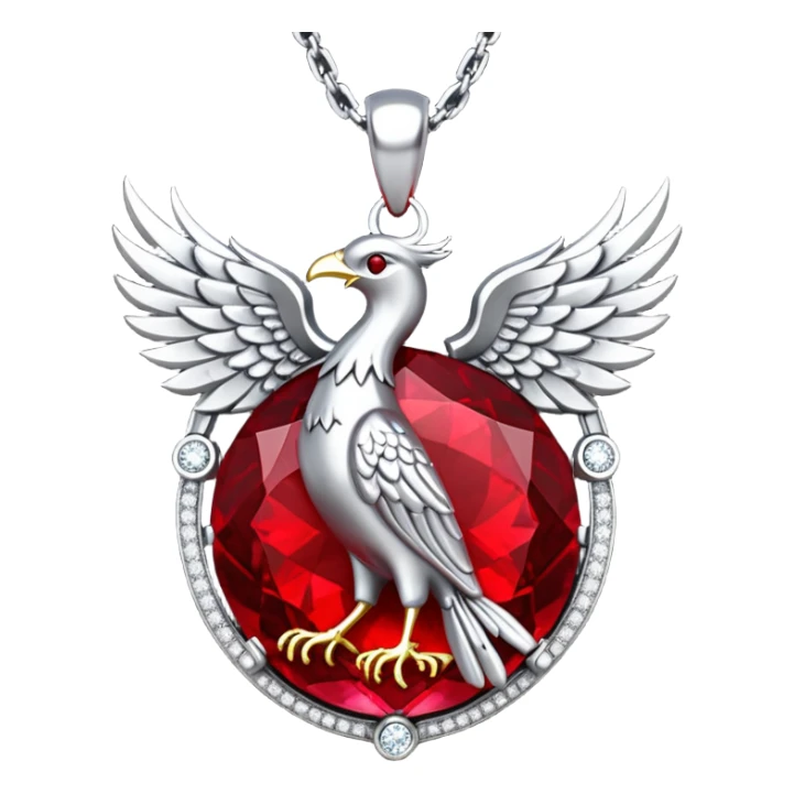 phoenix-inspired ruby pendant, deep red with a pulse of light, silver chain and white stone halo sticker