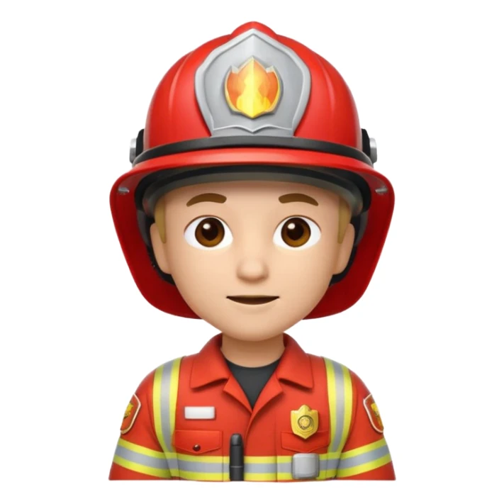 3D cartoon-style firefighter in the Apple emoji style, wearing a bright red fireproof uniform and matching helmet sticker