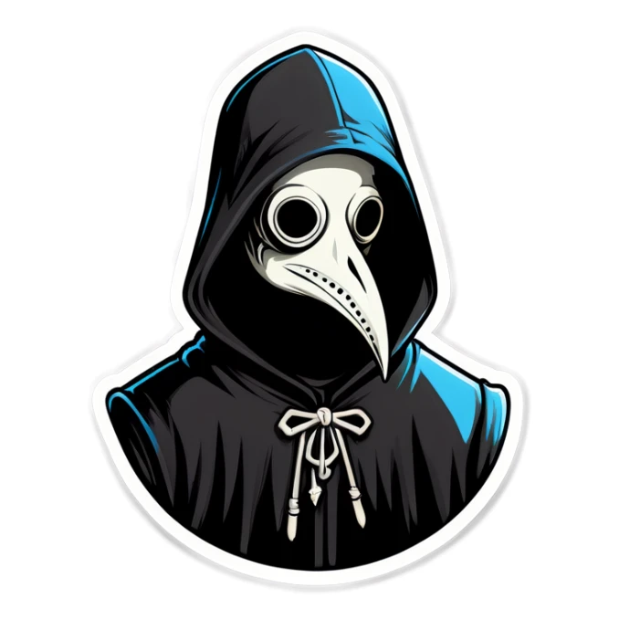 Man wearing black plague doctor mask in a hood sticker