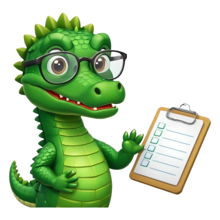 A cartoon alligator with a clipboard and glasses sticker