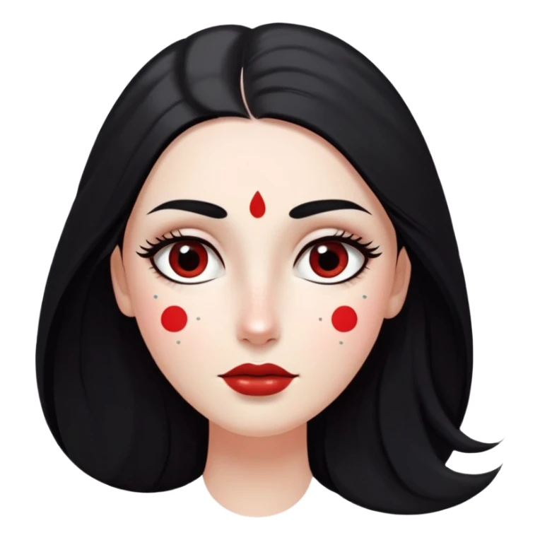 White girl with long oval shaped face, large almond shaped eyes with long eyelashes, long straight black hair falling in front of her bare shoulders, face closeup, with red and white gopi dots decorating her forehead above eyebrows sticker