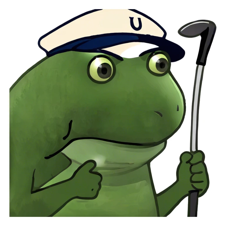 Bufo playing golf with a golf club and a golf hat sticker