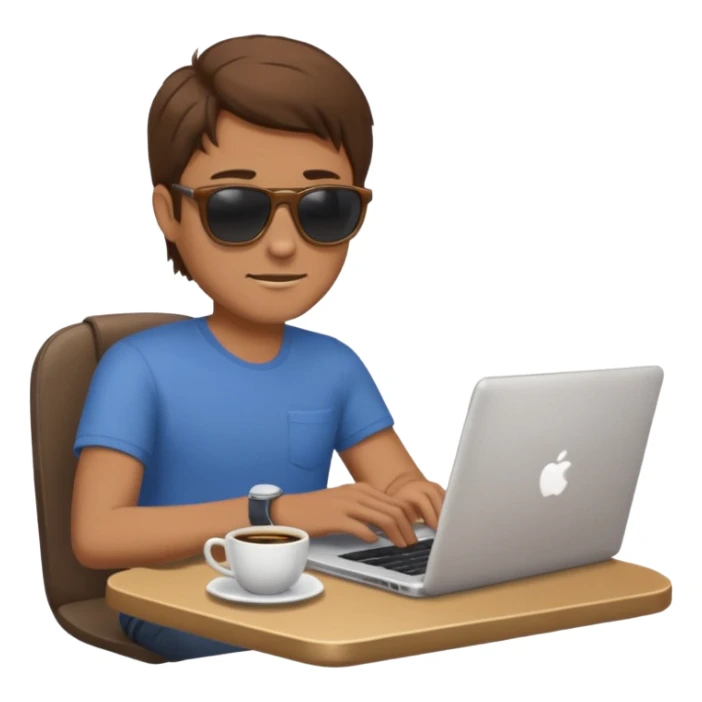 man in sunglasses typing on a laptop with a coffee cup beside him sticker