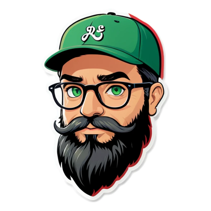 A bold man with a grey baseball cap, green eyes, big beard and glasses in love! sticker