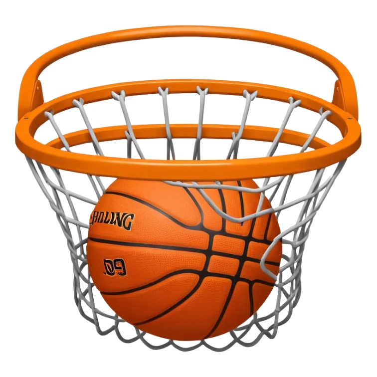 Orange Spalding basketball inside basketball net, viewed from below the hoop, minimalist design, iOS emoji style sticker